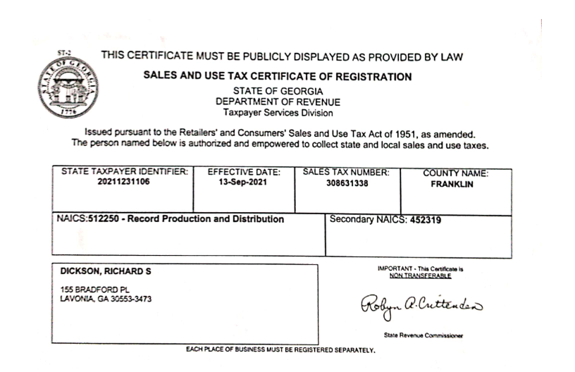 Georgia Sales and Use Tax Certificate